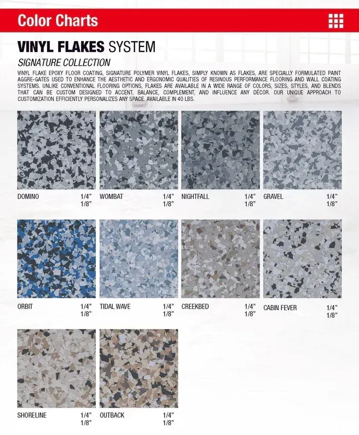 Color Chart of Vinyl Flakes System Signature Collection - Louisville, KY - Derby City Epoxy