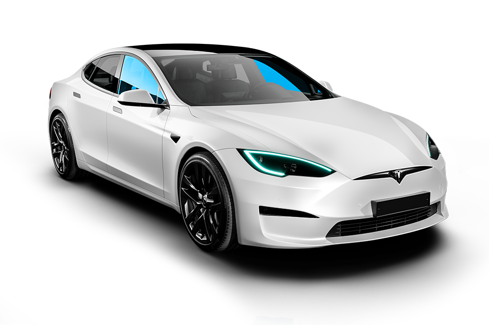 A white tesla model s is shown on a white background.