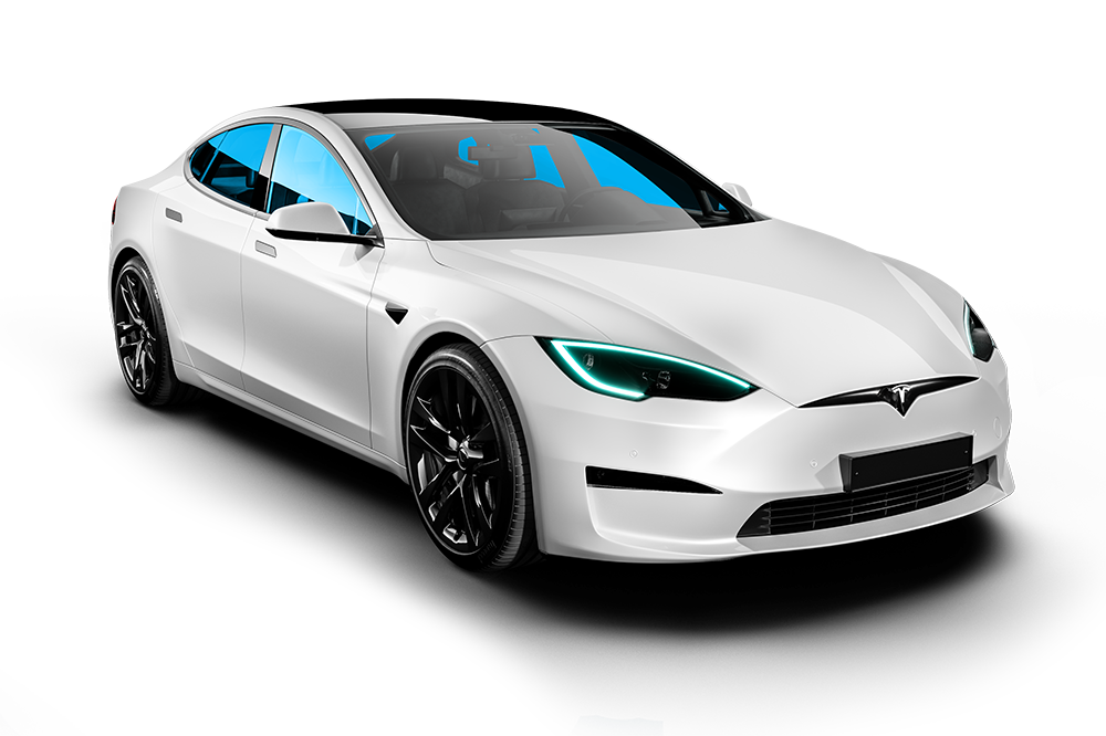 A white tesla model s is shown on a white background.