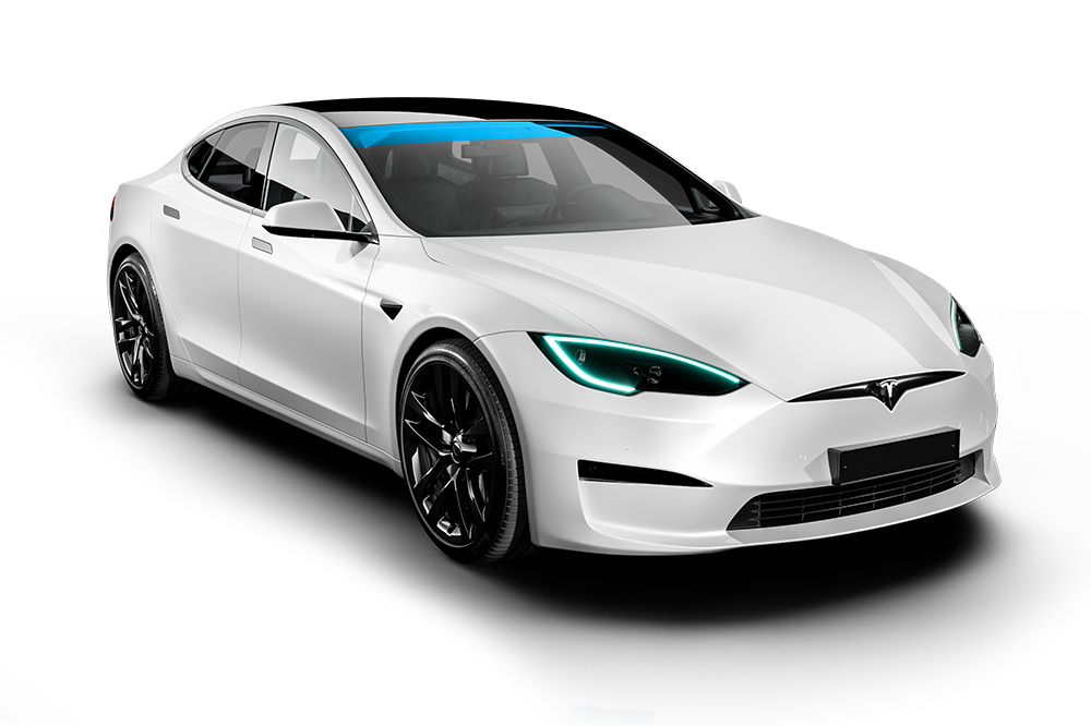 A white tesla model s is shown on a white background.