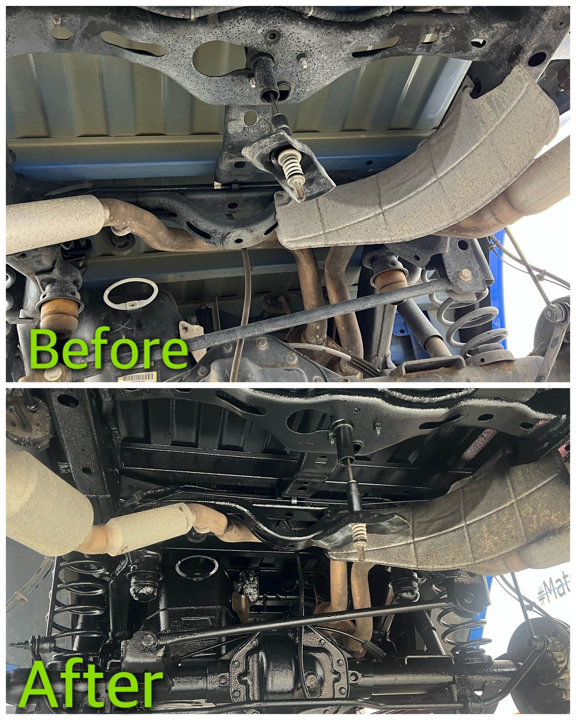 A collage of four pictures of a truck being worked on