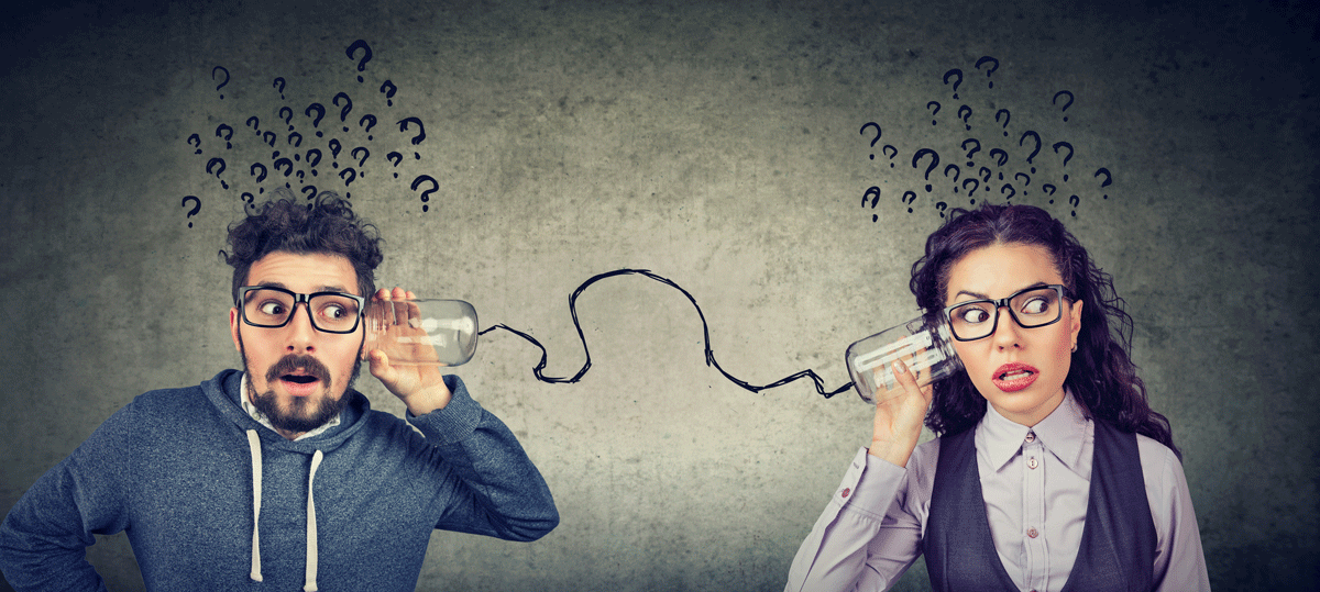 Two people listening with tin can phones. Question marks above their heads suggest confusion.