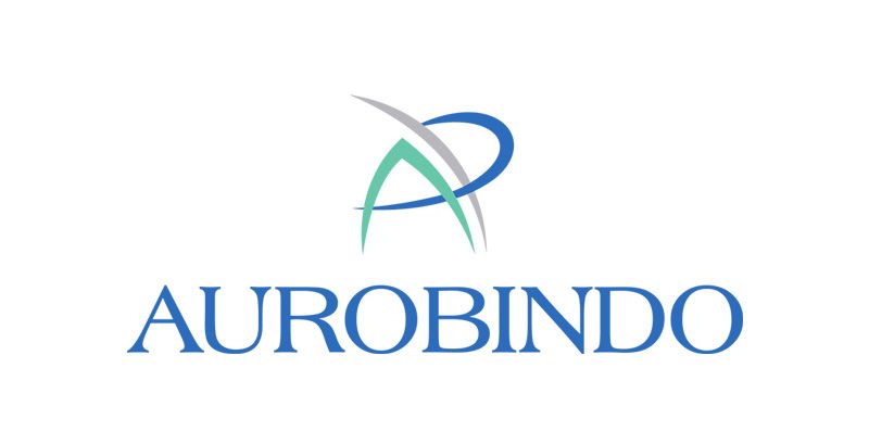 The logo for aurobindo is a blue and green logo with an arrow.