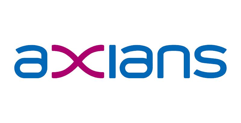 A blue and pink logo for axians on a white background.