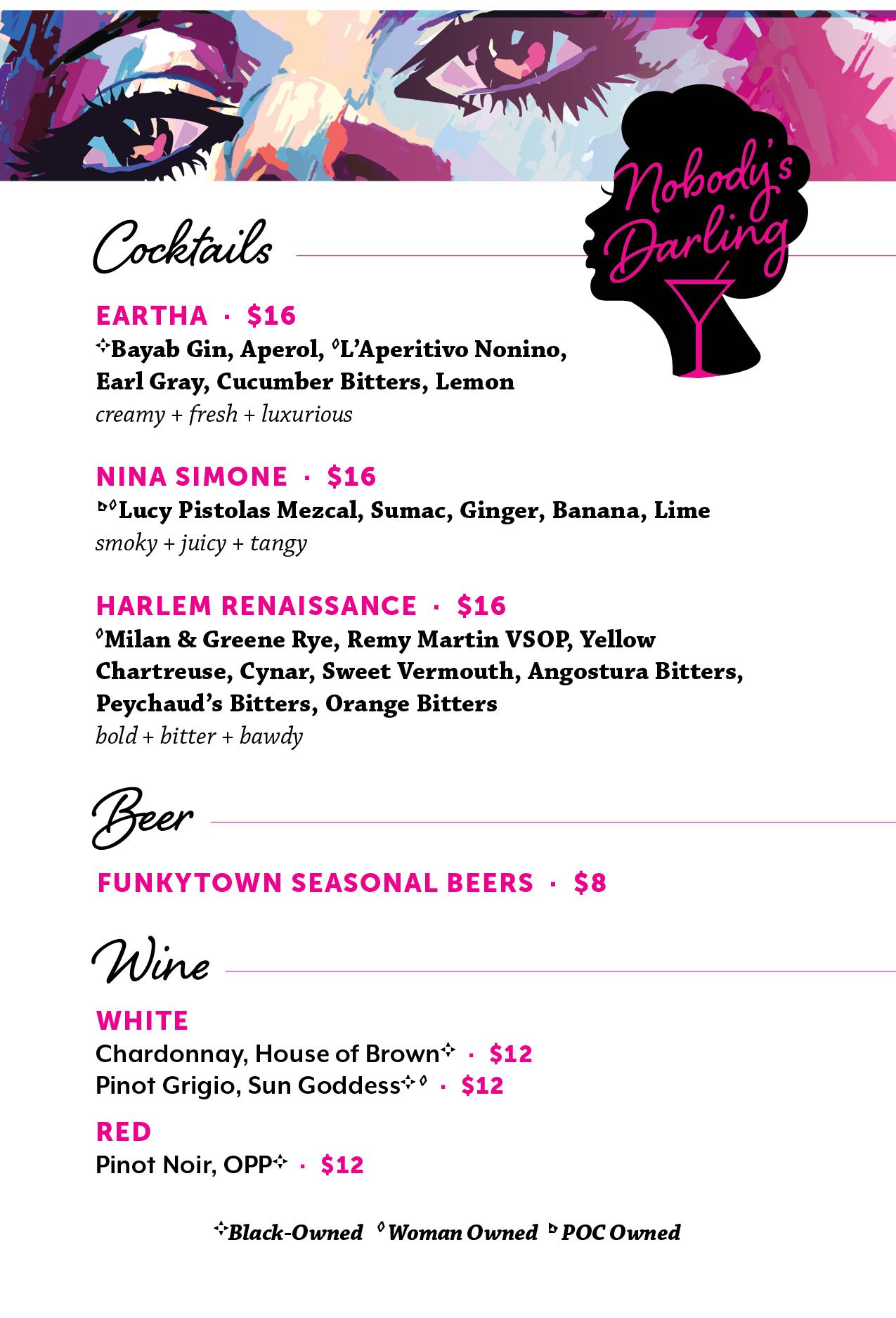 Menu for a bar called 
