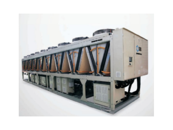 Large industrial HVAC chiller unit with fans and copper piping on a white background