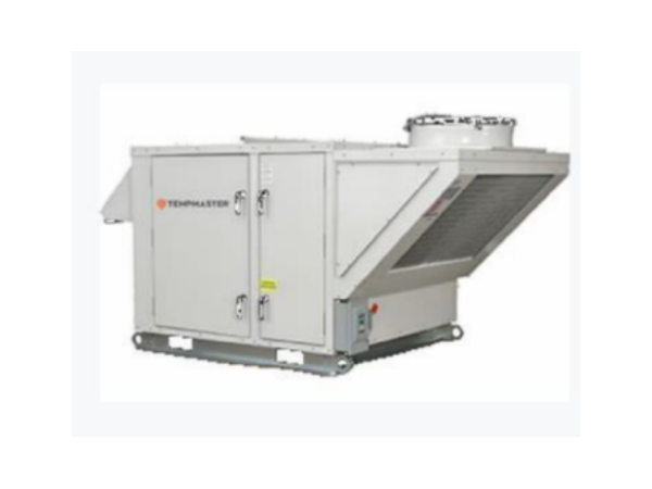White industrial HVAC unit with a slanted front intake and top fan assembly on a plain background