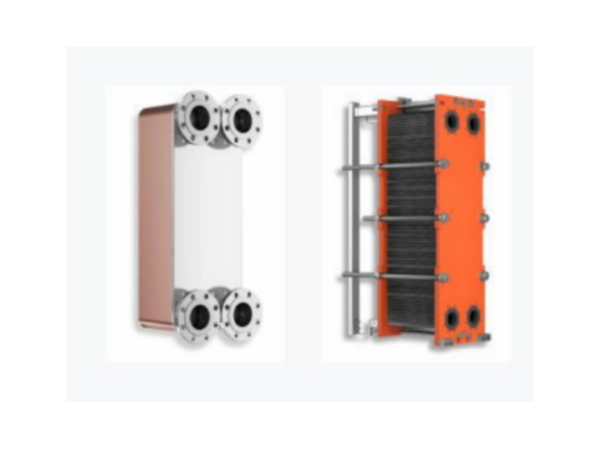 Two industrial heat exchangers, white and orange, shown side by side on a white background
