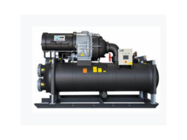 Industrial black water cooled chiller unit with mounted motor and control box on a white background