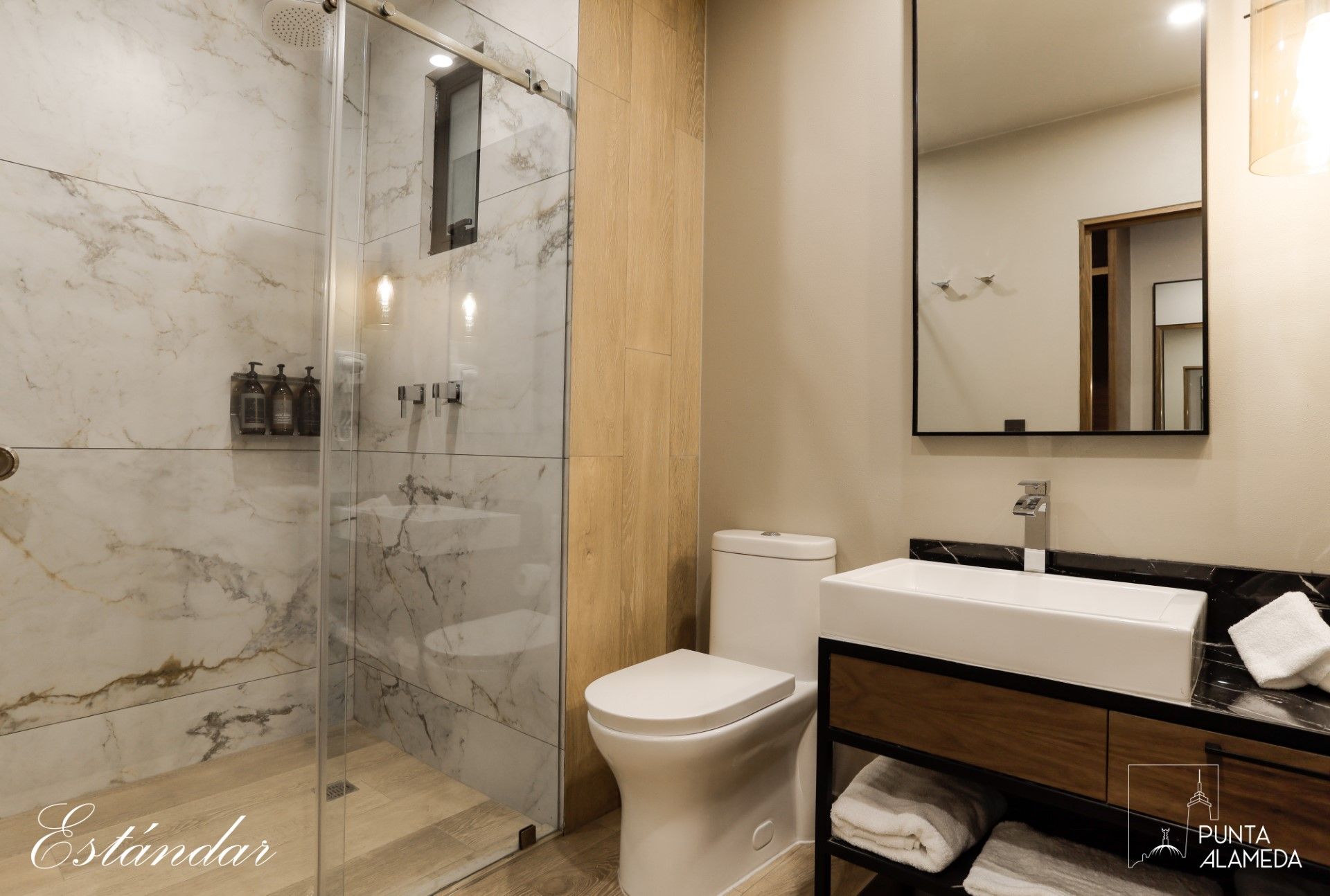 Un baño con inodoro, lavabo y ducha.