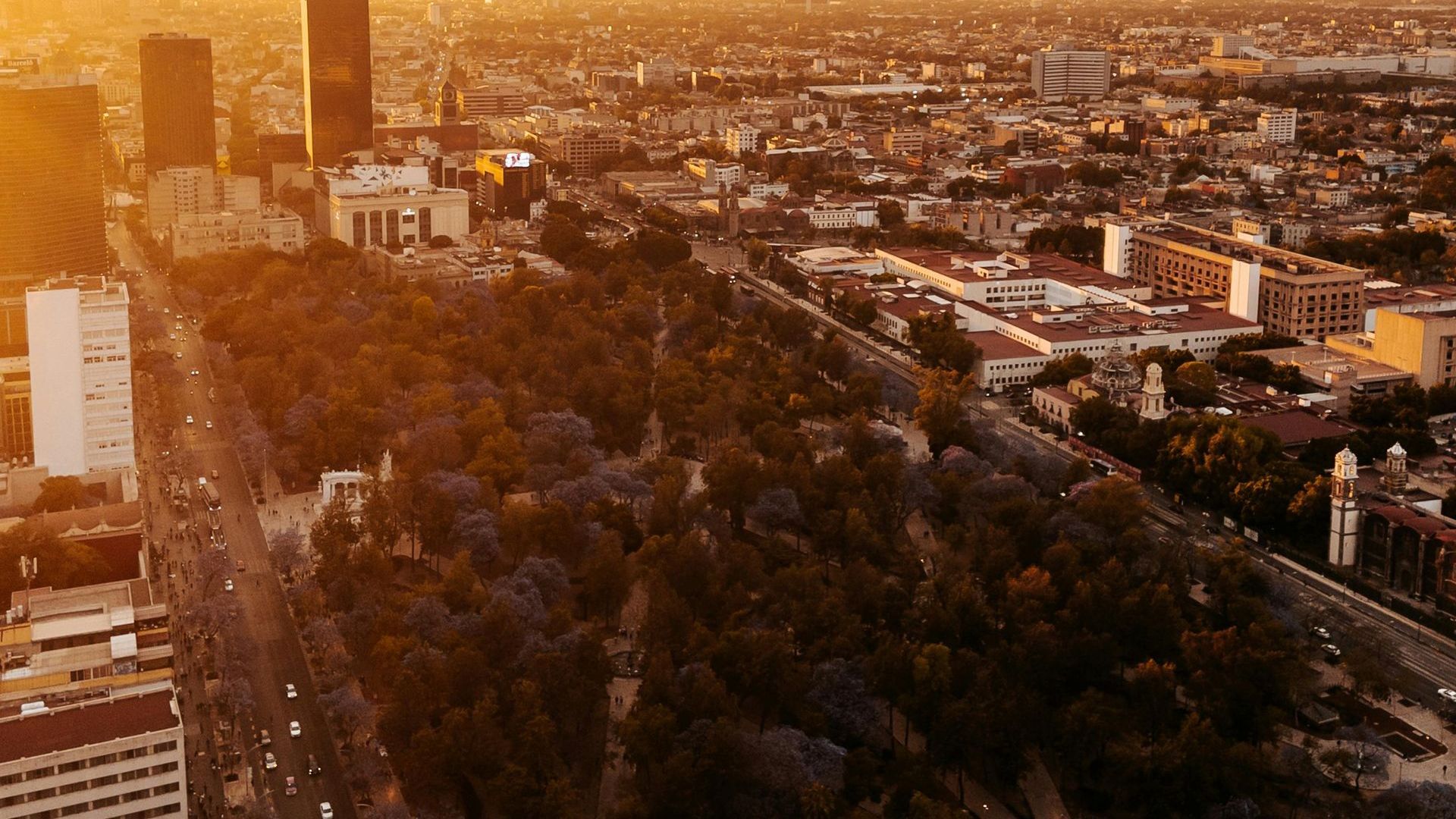Una vista aérea de una ciudad con un parque en primer plano.