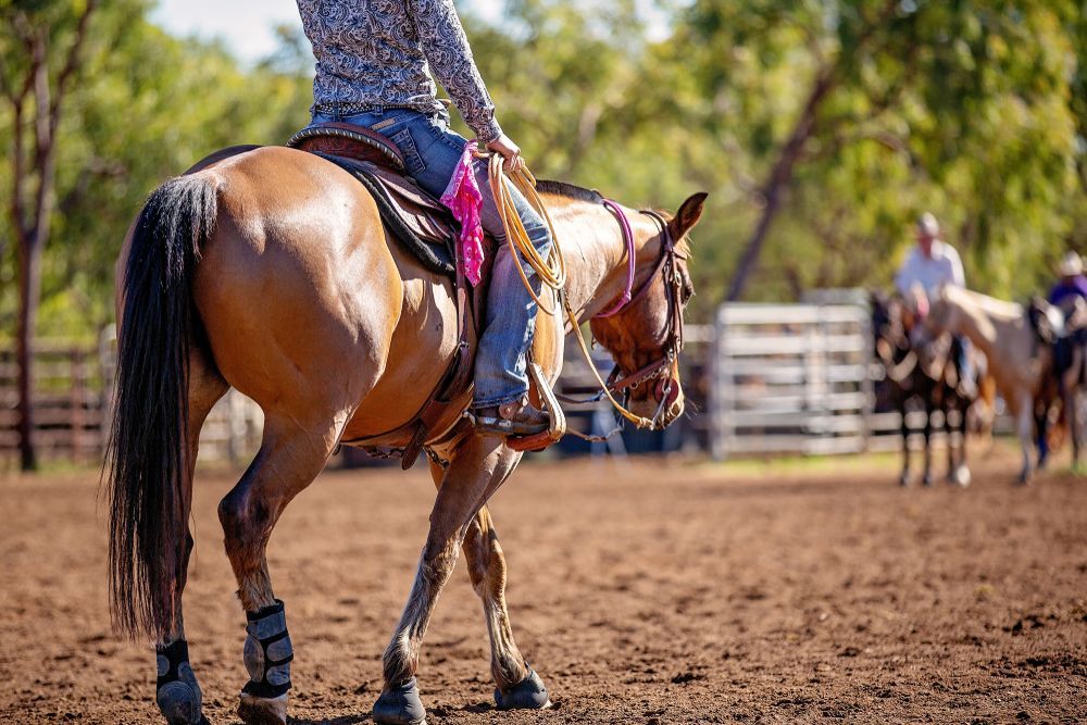 A Woman Is Riding A Horse In A Dirt Field — Farleigh Saddle Club In Farleigh, QLD