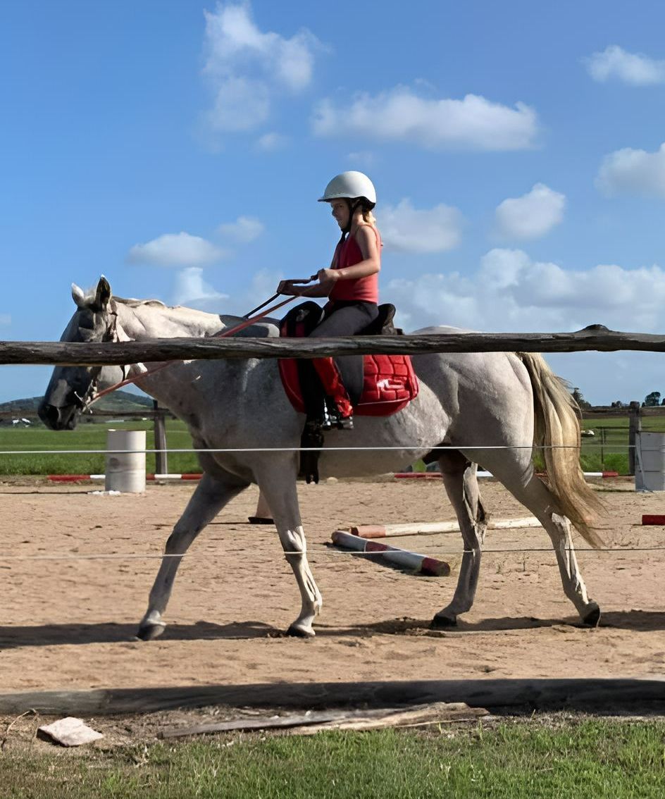 A Person Is Riding A White Horse With A Red Saddle — Farleigh Saddle Club In Farleigh, QLD