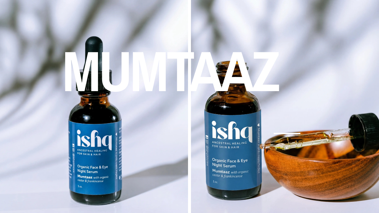 ishq organic night serum in a blue bottle 