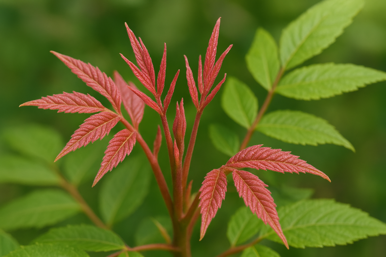 Red and green leaves on a plant, with the new growth a vibrant red.