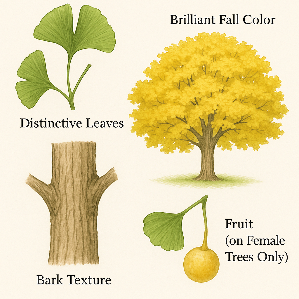 A ginkgo tree has distinctive leaves and bark texture