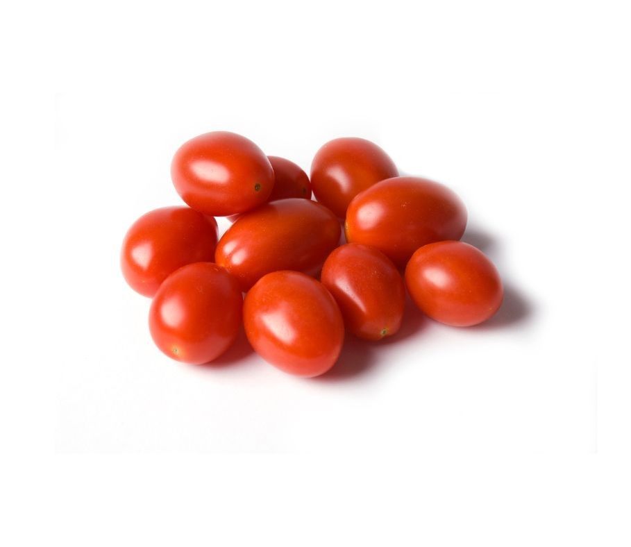 A pile of cherry tomatoes on a white background