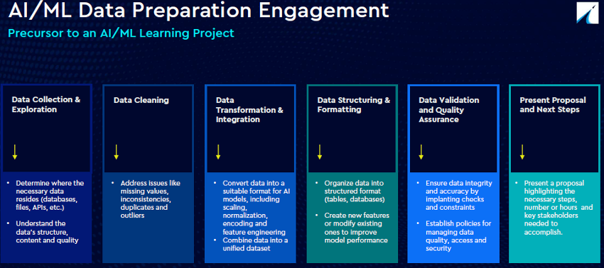 AI/ML data preparation engagement: flow chart describing data collection, cleaning, transformation, and validation steps.