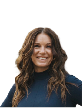 Woman with long wavy brown hair, smiling, wearing a dark blue turtleneck.