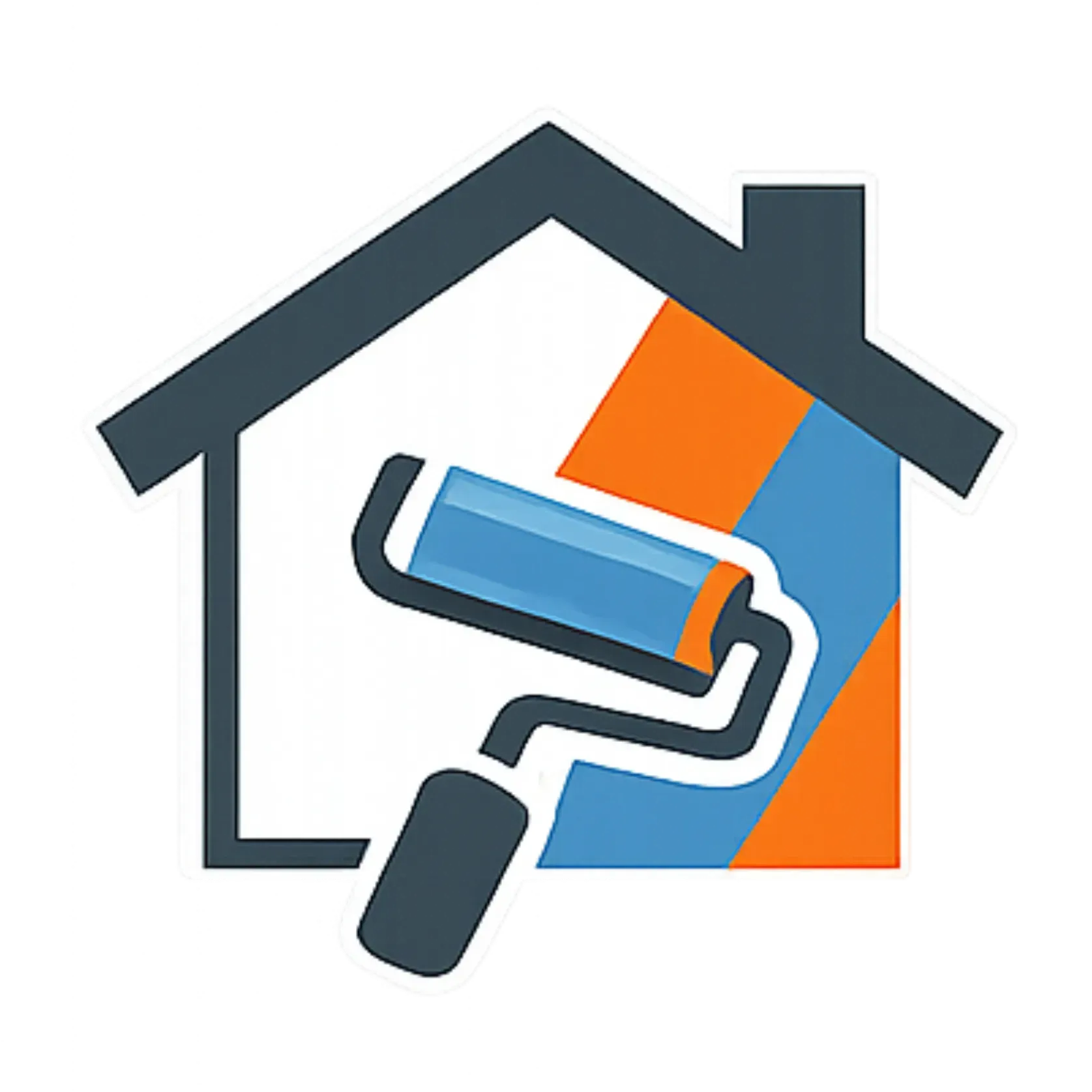 Un logo représentant le contour d'une maison gris foncé avec une bande diagonale orange et bleue peinte au rouleau à peinture bleue.