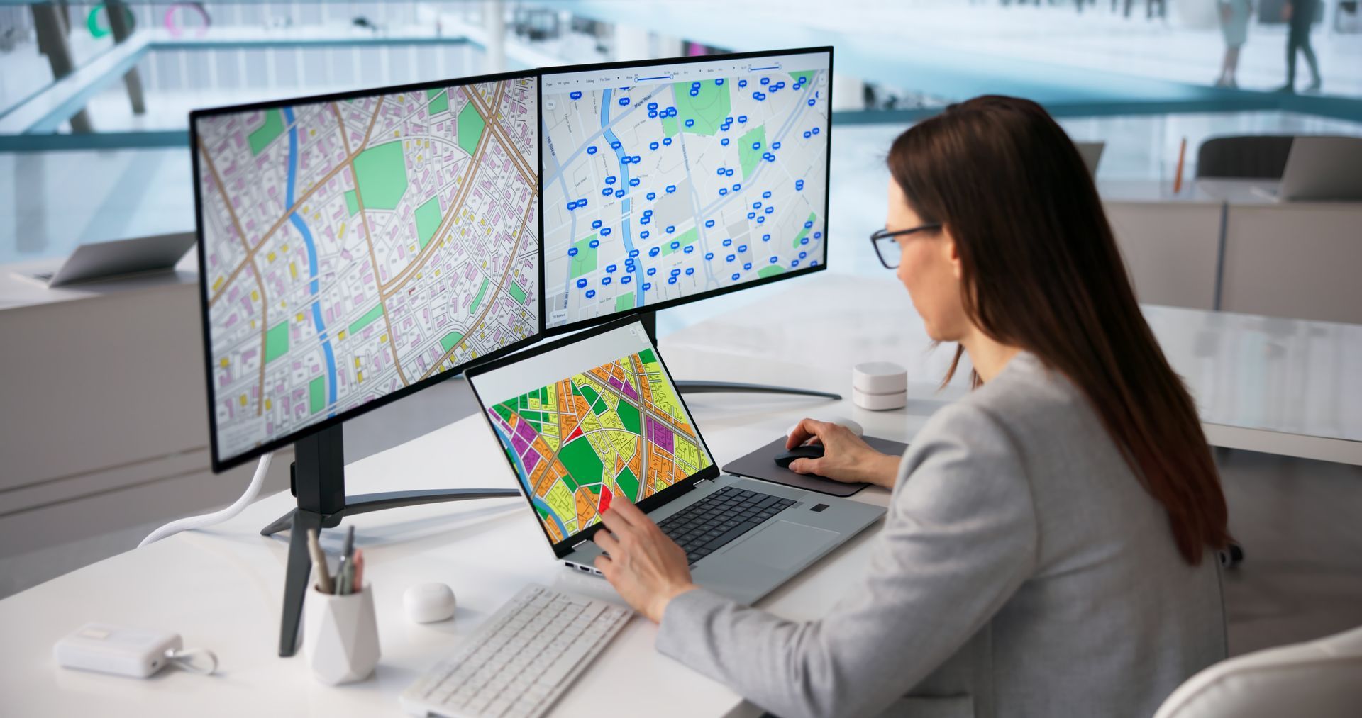 A woman is using a GIS software to analyze an urban zoning map.