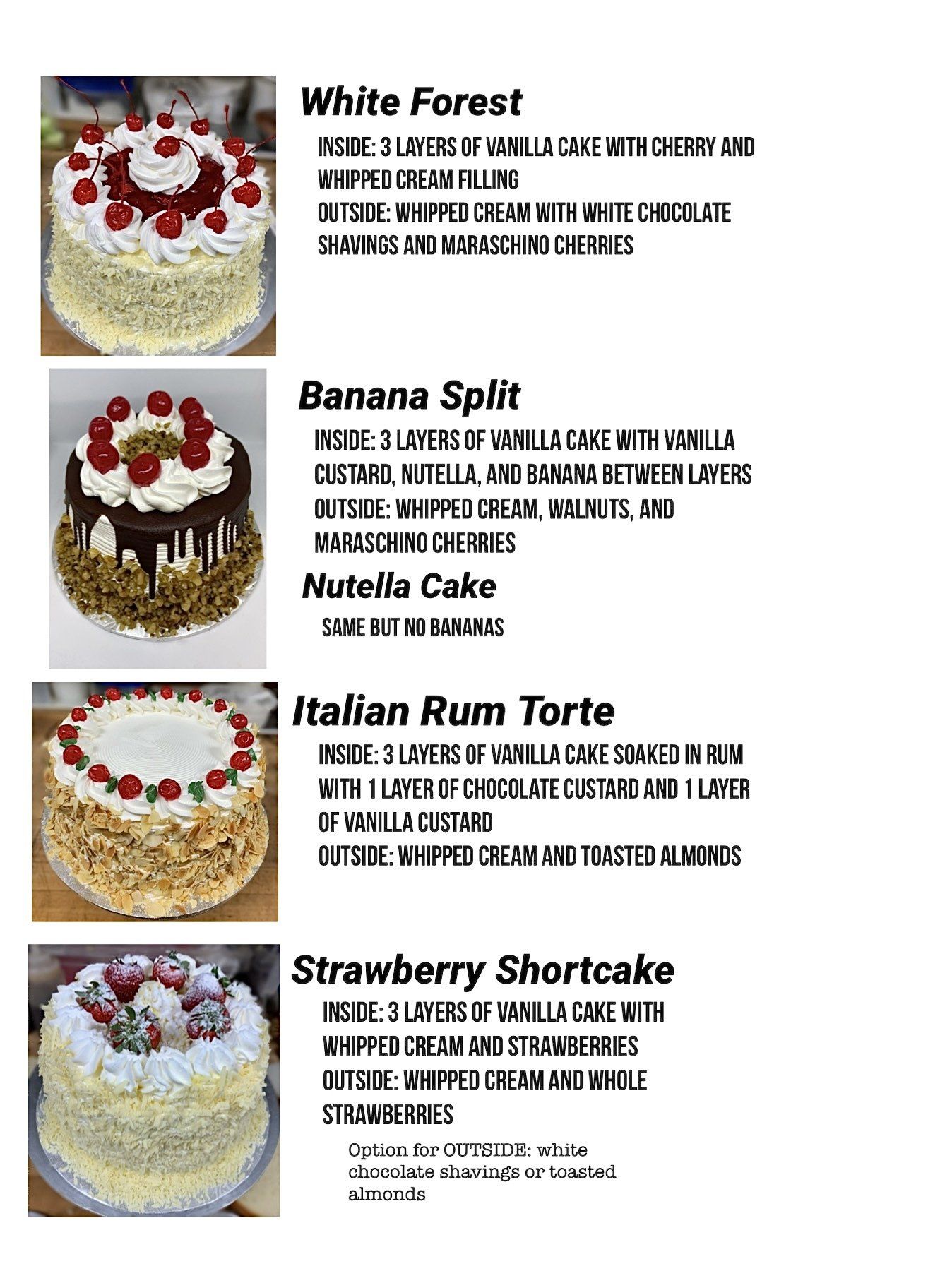 Cake menu with four decorated cakes: White Forest, Banana Split, Italian Rum Torte, and Strawberry Shortcake.