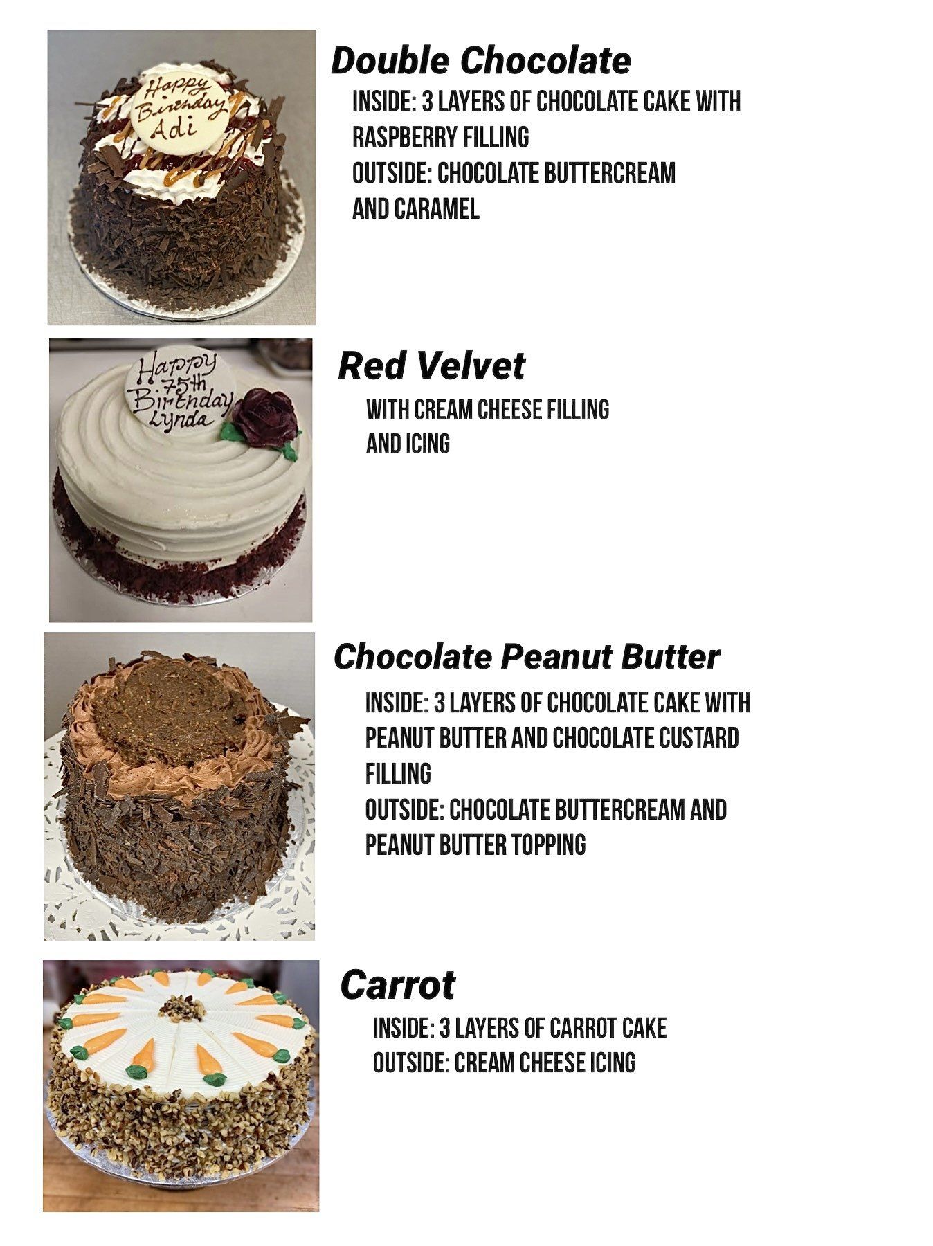 Menu of four decorated cake flavors with photos: double chocolate, red velvet, chocolate peanut butter, and carrot.