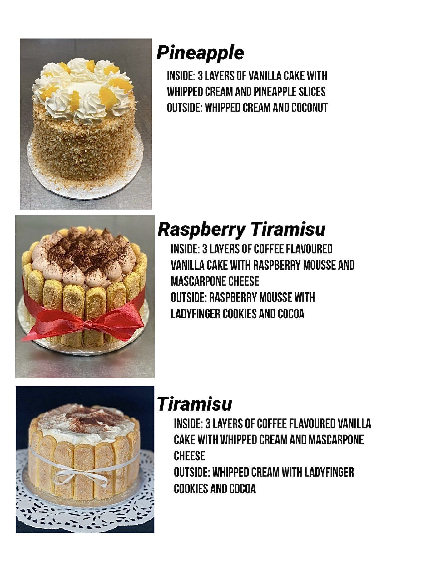 Menu of three cakes with photos and labels: Pineapple, Raspberry Tiramisu, and Tiramisu.