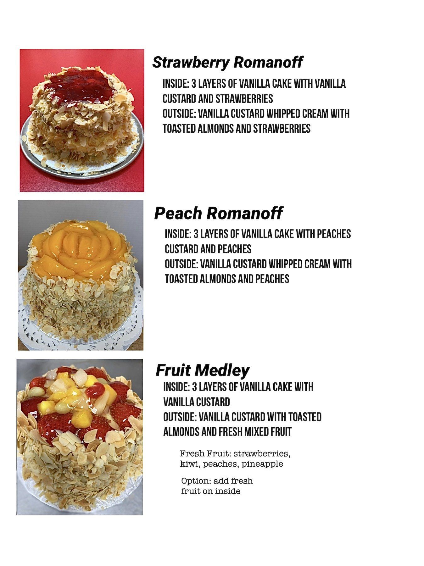 Menu of three Romanoff desserts with photos: Strawberry, Peach, and Fruit Medley cupcakes.