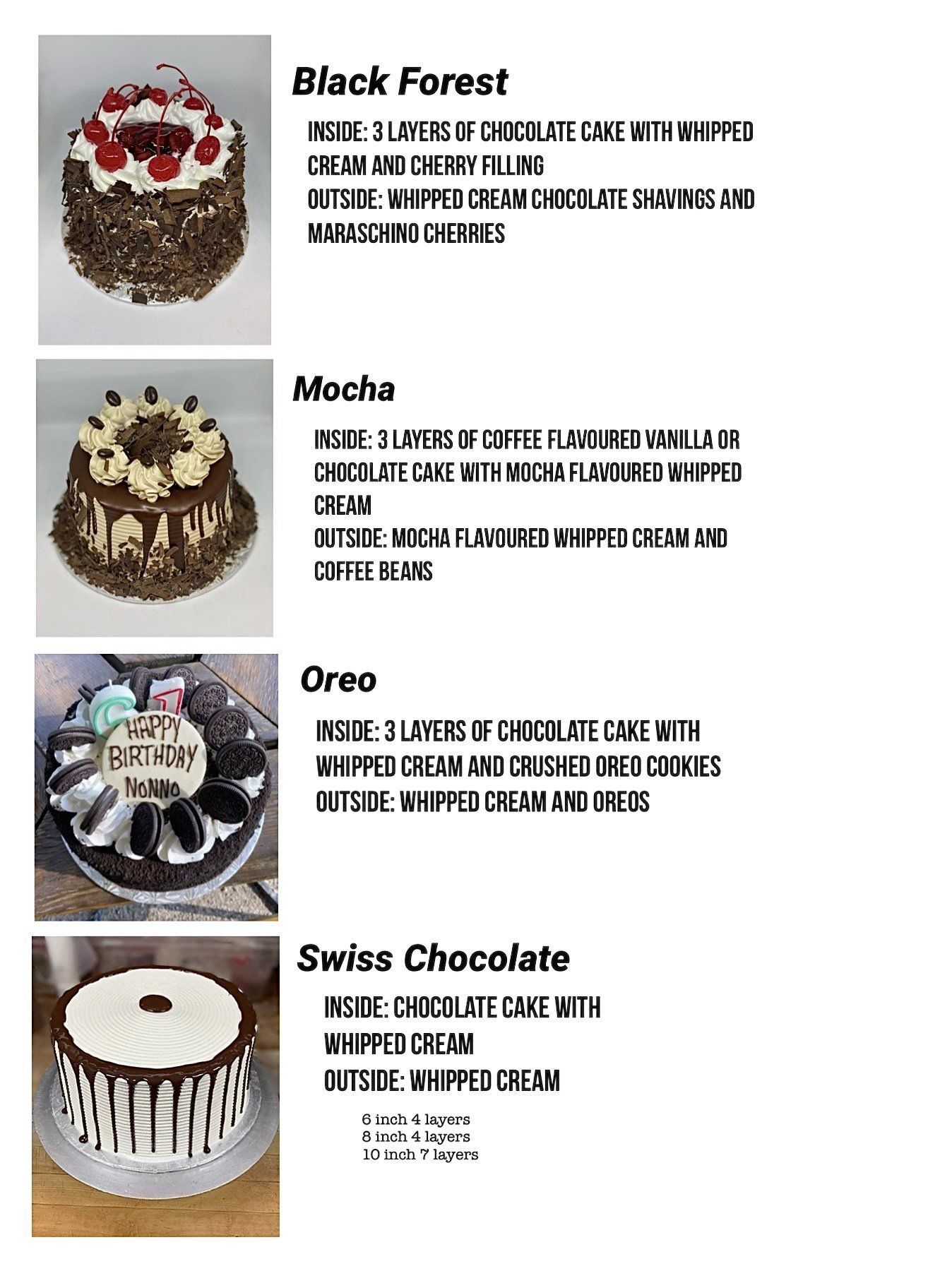 Dessert menu with photos of Black Forest, Mocha, Oreo, and Swiss Chocolate cakes and flavors.