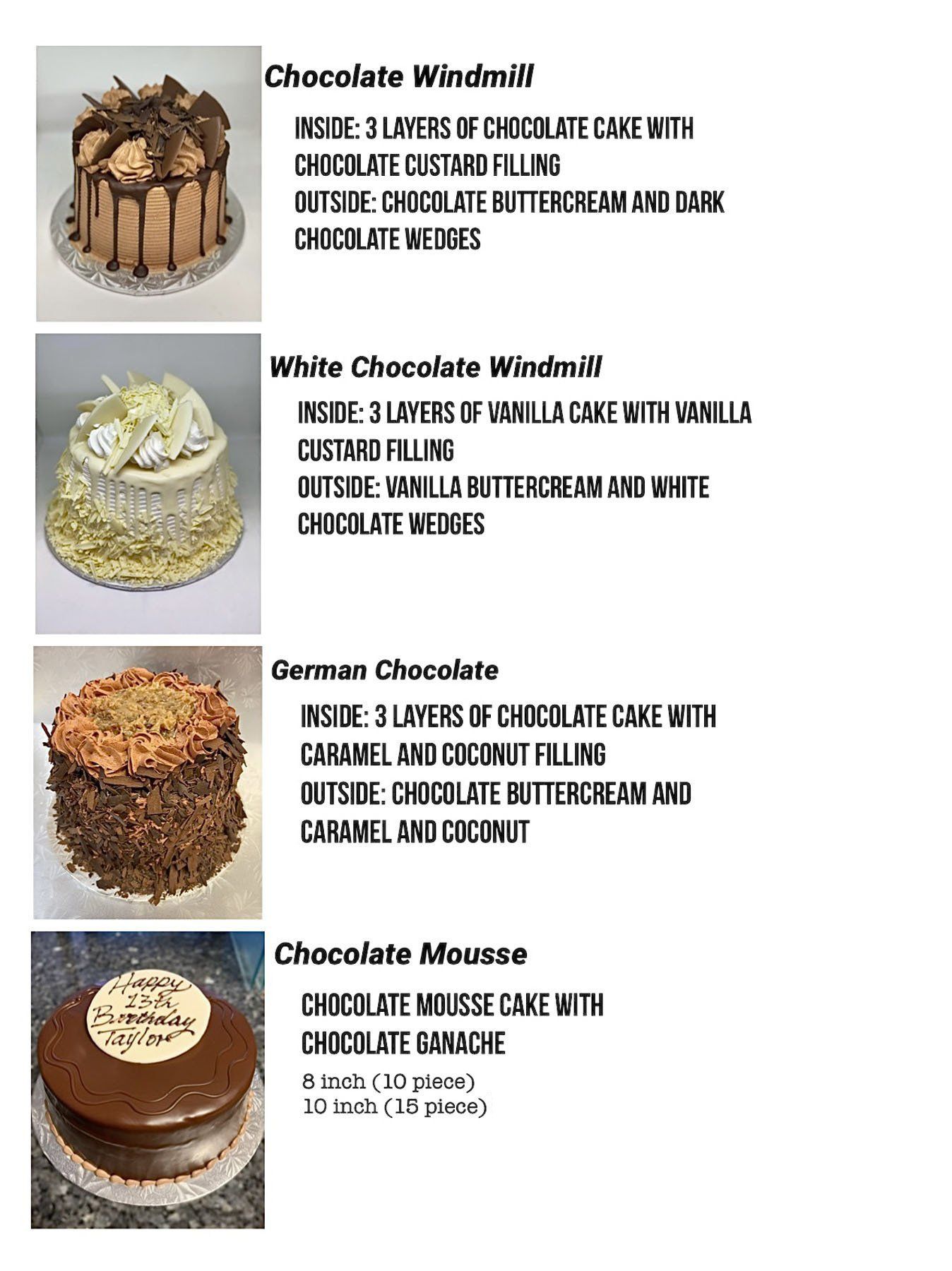 Cake menu with four dessert photos and names: chocolate walnut, white chocolate walnut, German chocolate, and chocolate mousse