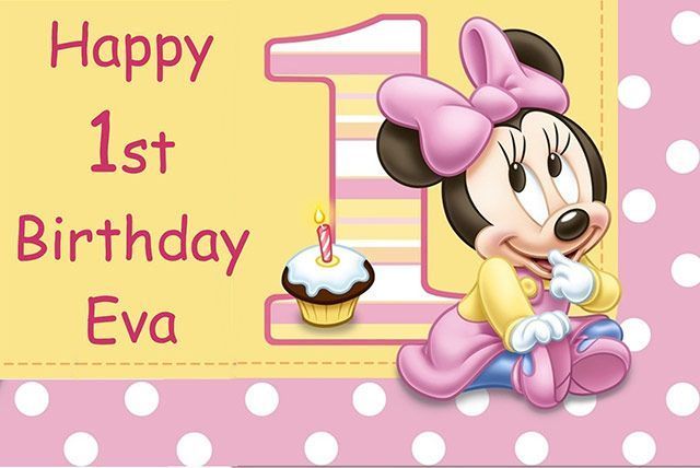 Happy 1st Birthday Eva on pink polka-dot background with Minnie Mouse and a cupcake