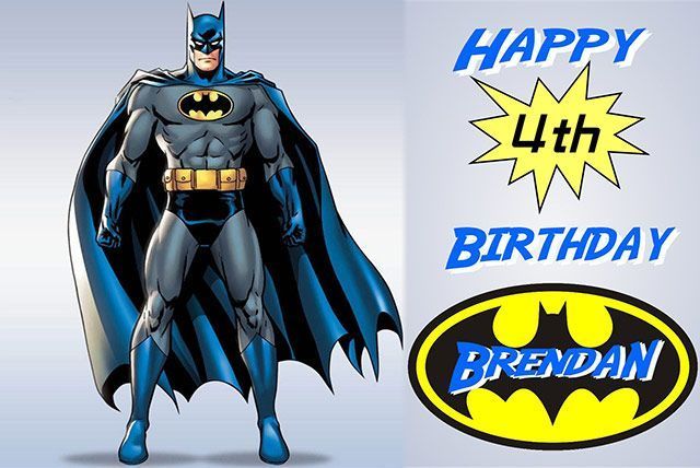 Batman with “Happy 4th Birthday Brendan” text and bat logo on a light background