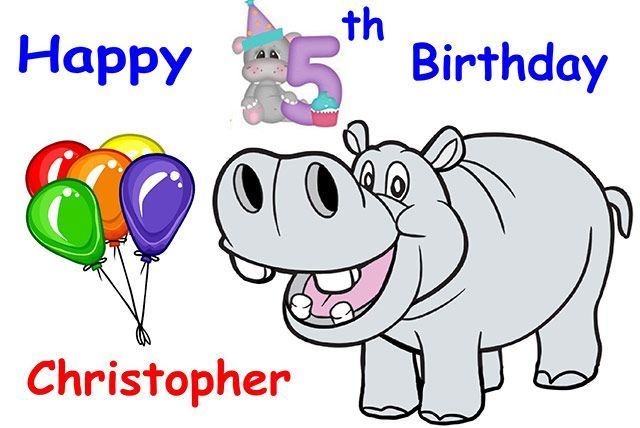 Birthday greeting for Christopher with a smiling gray hippopotamus and colorful balloons