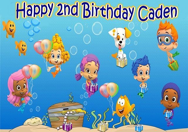 Blue birthday card with cartoon dogs and fish, cake, balloons, and text reading “Happy 2nd Birthday Caden”