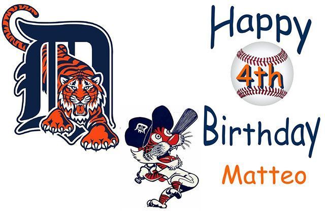 Detroit Tigers “Happy 4th Birthday Matteo” baseball-themed graphic with cartoon players and a ball