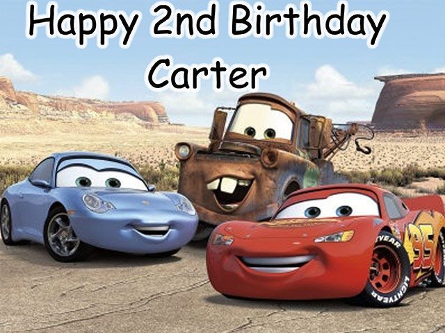 Happy 2nd Birthday Carter text above Cars characters in a desert scene