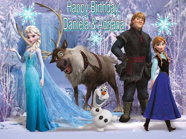 Frozen birthday greeting with Elsa, Anna, Kristoff, Sven, Olaf, and text for Daniela & Ariana