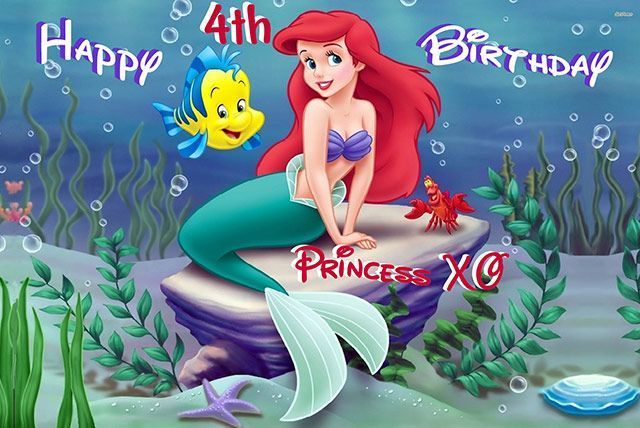 Princess Ariel birthday banner with Flounder, sea life, and “Happy 4th Birthday Princess X9” text