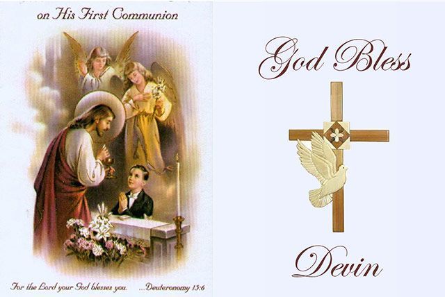First Communion card with praying child, angel, cross, and the words 
