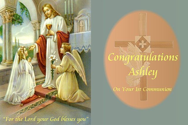 Religious First Communion card with Jesus blessing kneeling children and “Congratulations Ashley” text