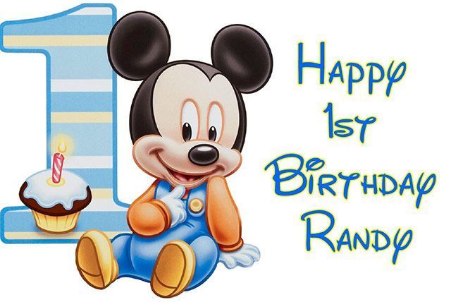 Mickey Mouse with a cupcake and large number 1, with “Happy 1st Birthday Randy” text