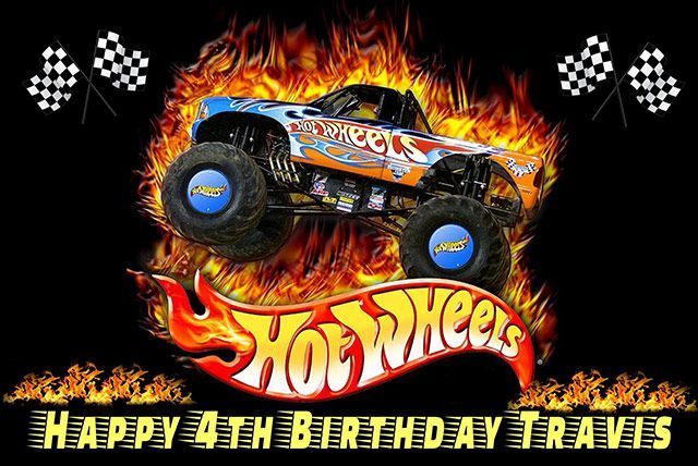 Hot Wheels monster truck with flames, checker flags, and “Happy 4th Birthday Jeremiah” text
