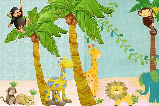 Colorful jungle mural with cartoon giraffe, elephant, monkey, lion, toucan, and palm trees