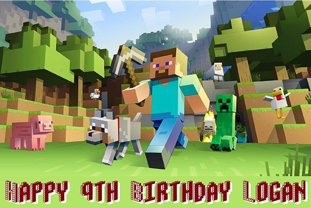 Minecraft birthday scene with Steve, animals, and Creeper; text reads “HAPPY 9TH BIRTHDAY LOGAN.”