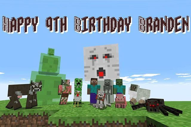 Minecraft-style birthday banner with characters and mobs on grass under a blue sky, reading “Happy 9th Birthday Braiden”