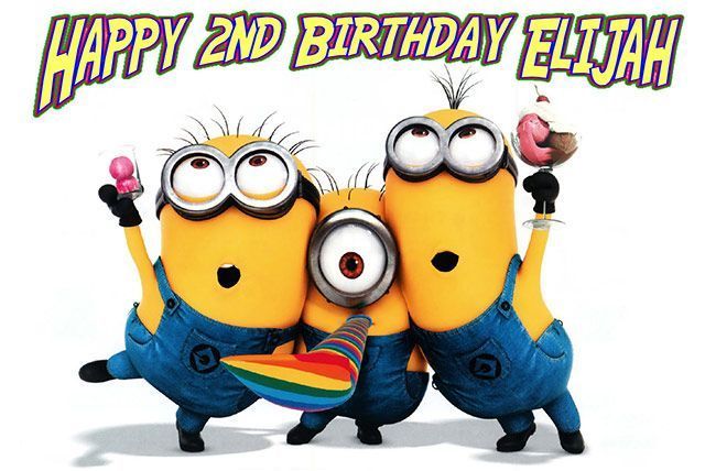 Minions holding balloons with “Happy 2nd Birthday Elijah” text on a white background