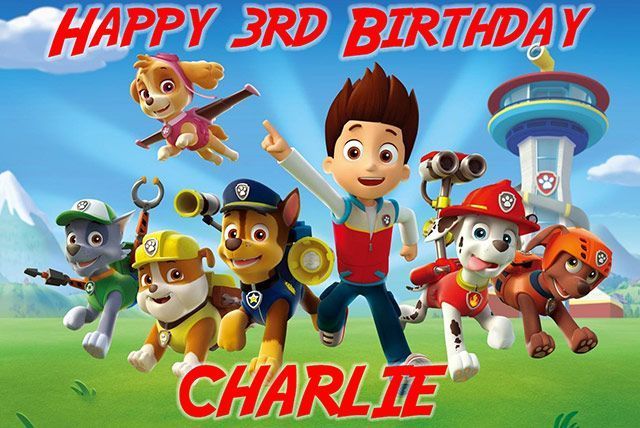 PAW Patrol birthday banner with the pups and Ryder; text reads “Happy 3rd Birthday Charlie”