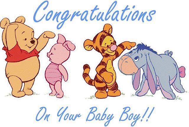 Winnie the Pooh characters with “Congratulations On Your Baby Boy!!” text in blue script
