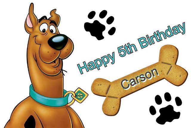 Scooby-Doo with paw prints, a bone labeled Carson, and “Happy 5th Birthday” text on white background